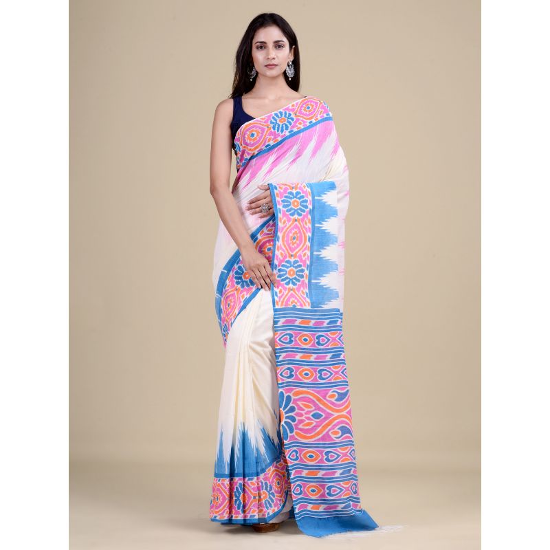 Laa Calcutta White & Pink Traditional Bengal Handloom saree with Blouse material