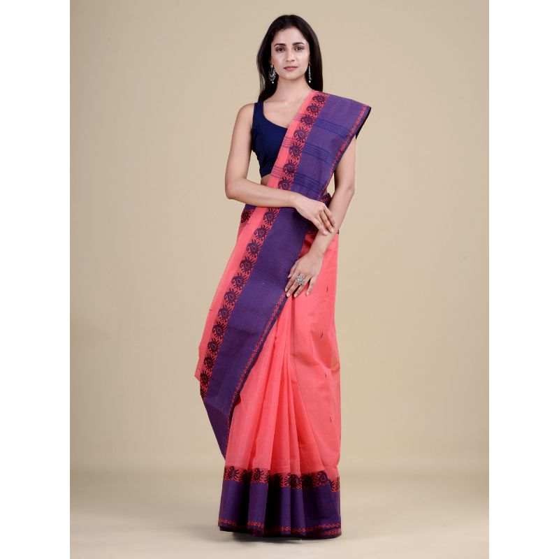 Laa Calcutta Pink & Blue Traditional Tant saree without Blouse material