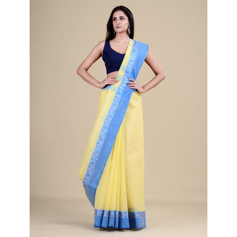 Laa Calcutta Yellow & Blue Traditional Tant saree without Blouse material