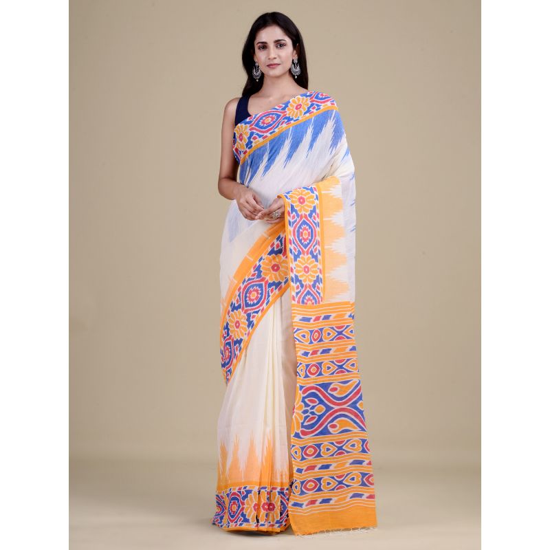 Laa Calcutta White & Blue Traditional Bengal Handloom saree with Blouse material