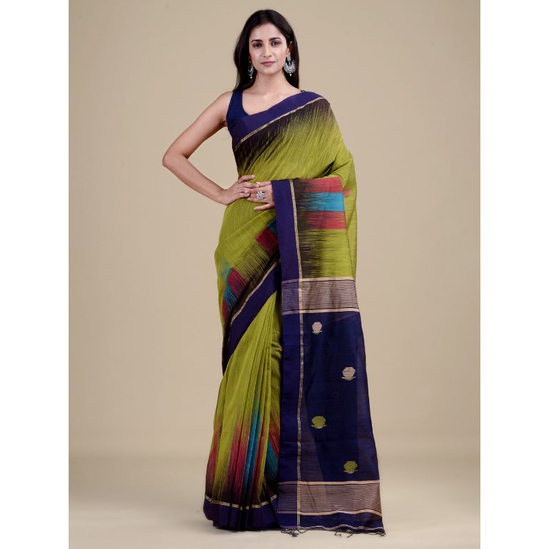 Laa Calcutta Green & Navy Blue Traditional Bengal Handloom saree with Blouse material