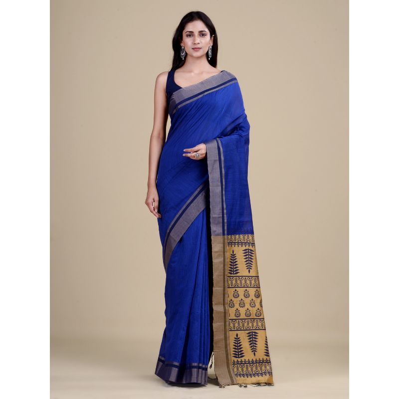 Laa Calcutta Blue & Golden Traditional Bengal Handloom saree with Blouse material