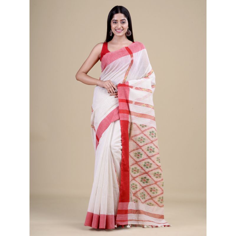 Laa Calcutta White & Red Traditional Bengal Handloom saree with Blouse material