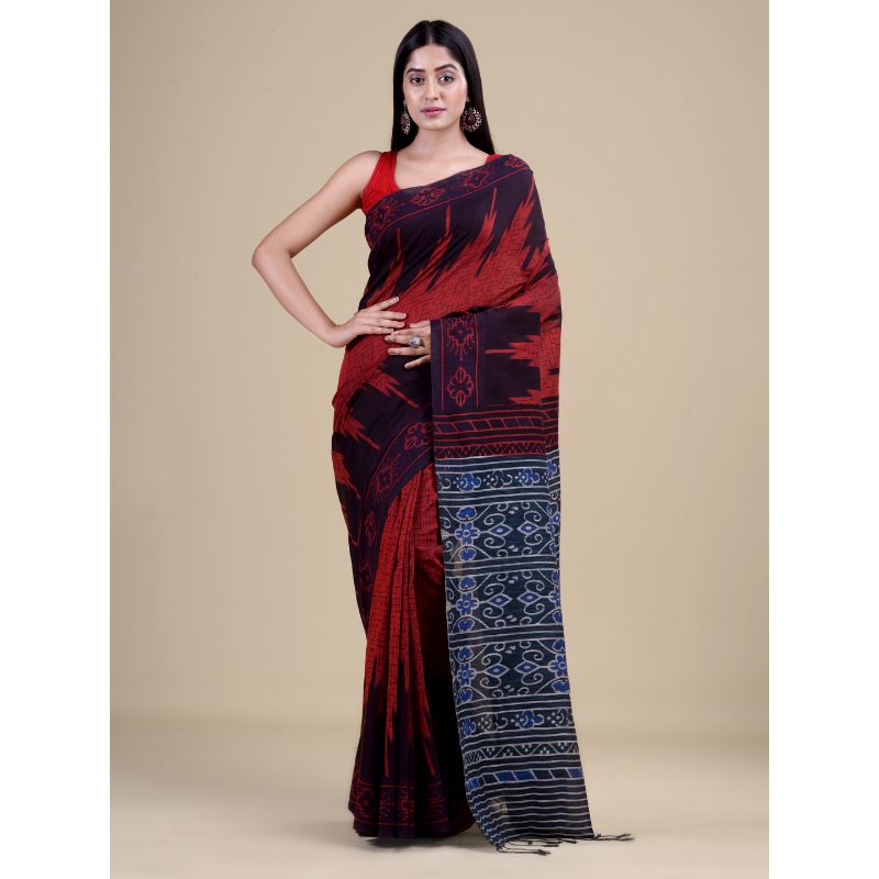 Laa Calcutta Maroon & Navy Blue Traditional Bengal Handloom saree with Blouse material