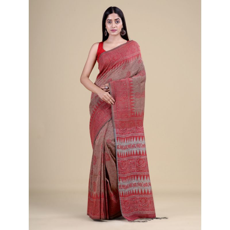 Laa Calcutta Beige & Red Traditional Bengal Handloom saree with Blouse material