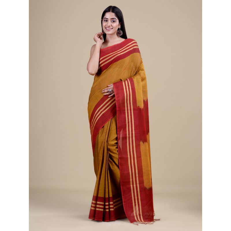 Laa Calcutta Golden Yellow & Maroon Traditional Bengal Handloom saree with Blouse material