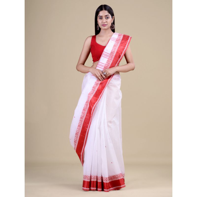 Laa Calcutta White & Red Traditional Tant saree without Blouse material