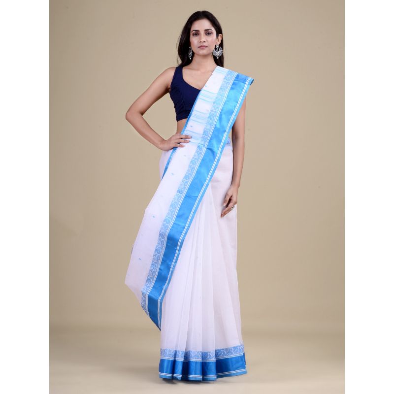 Laa Calcutta White & Sky blue Traditional Tant saree without Blouse material
