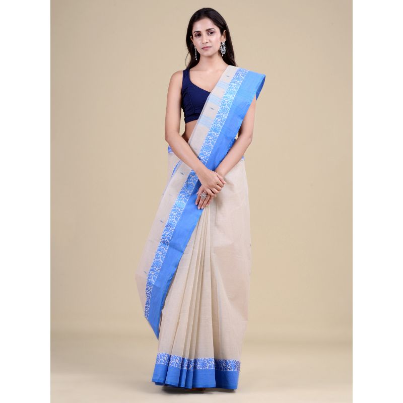 Laa Calcutta Off-white & Blue Traditional Tant saree without Blouse material