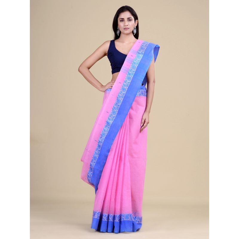 Laa Calcutta Pink & Blue Traditional Tant saree without Blouse material