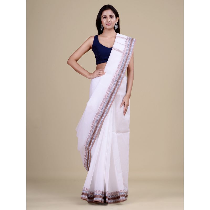 Laa Calcutta Off-white & Brown Traditional Tant saree without Blouse material