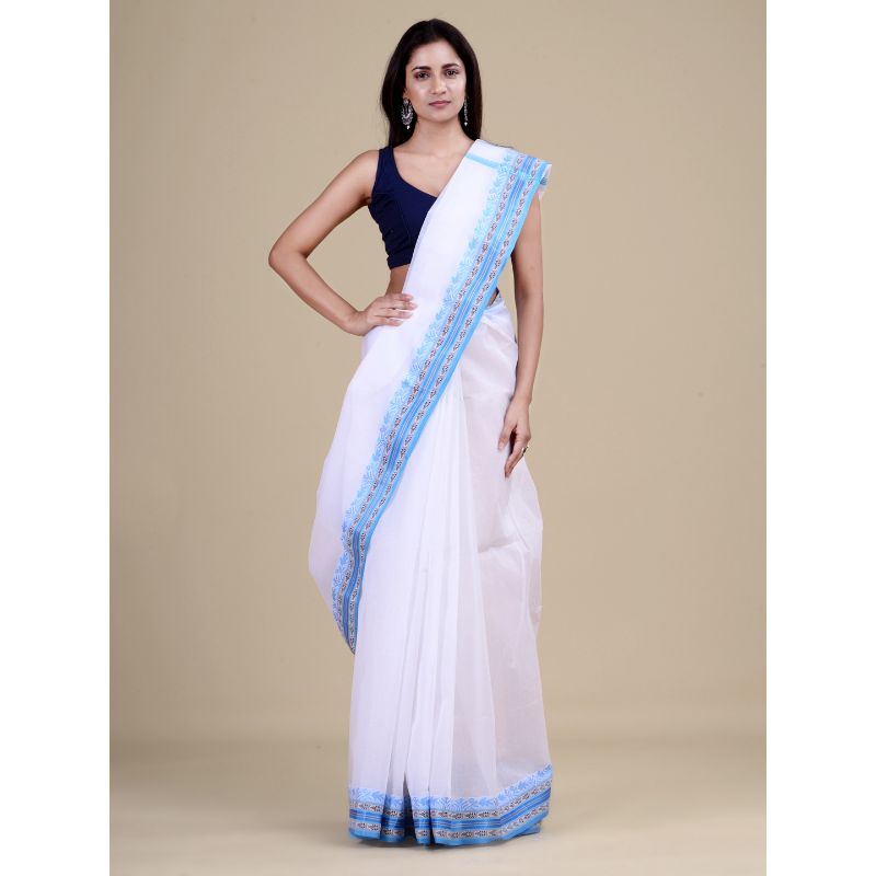 Laa Calcutta White & Sky blue Traditional Tant saree without Blouse material