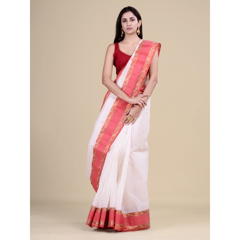 Laa Calcutta White & Red Traditional Tant saree without Blouse material