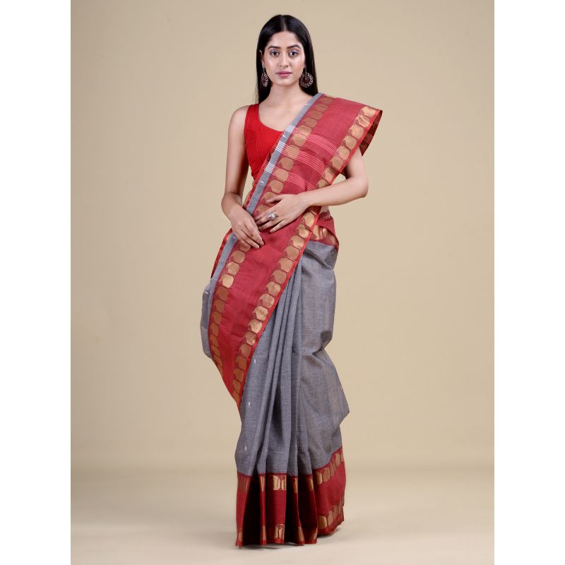Laa Calcutta Grey & Red Traditional Tant saree without Blouse material