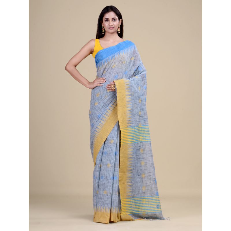 Laa Calcutta Blue Traditional Bengal Handloom saree with Blouse material