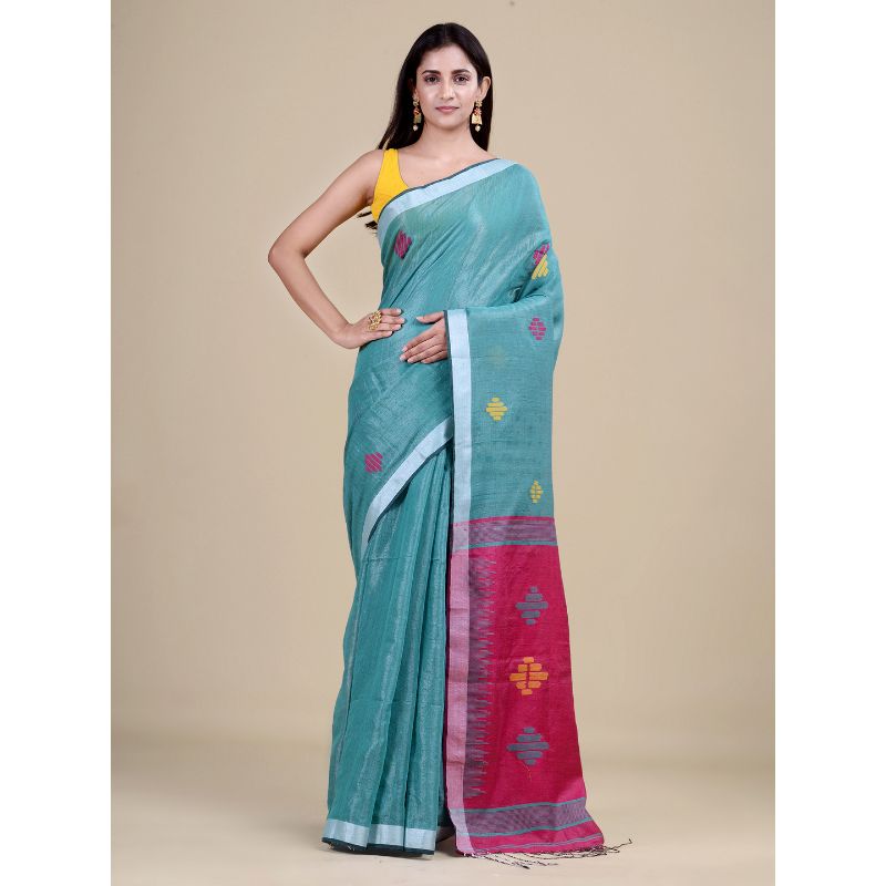 Laa Calcutta Sea Green & Pink Traditional Bengal Handloom saree with Blouse material