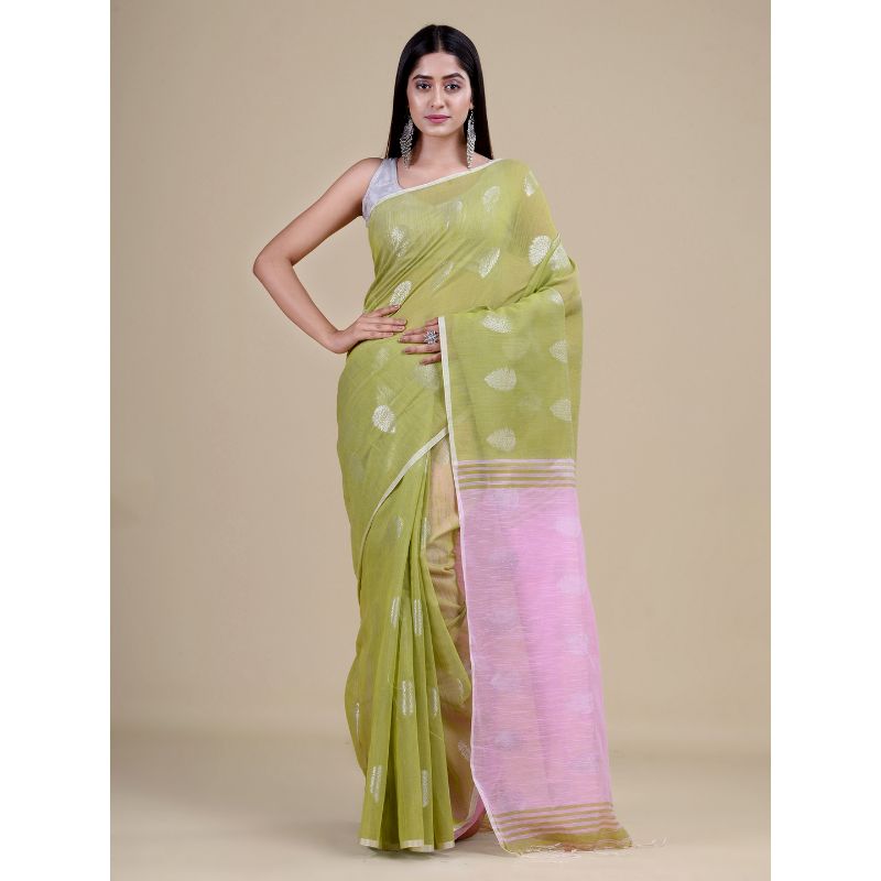 Laa Calcutta Olive green & Pink Traditional Handloom saree with Blouse material
