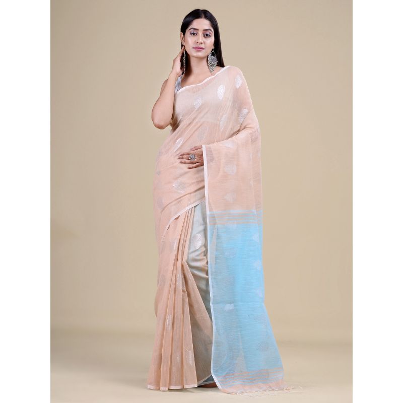 Laa Calcutta Beige & Sky blue Traditional Handloom saree with Blouse material