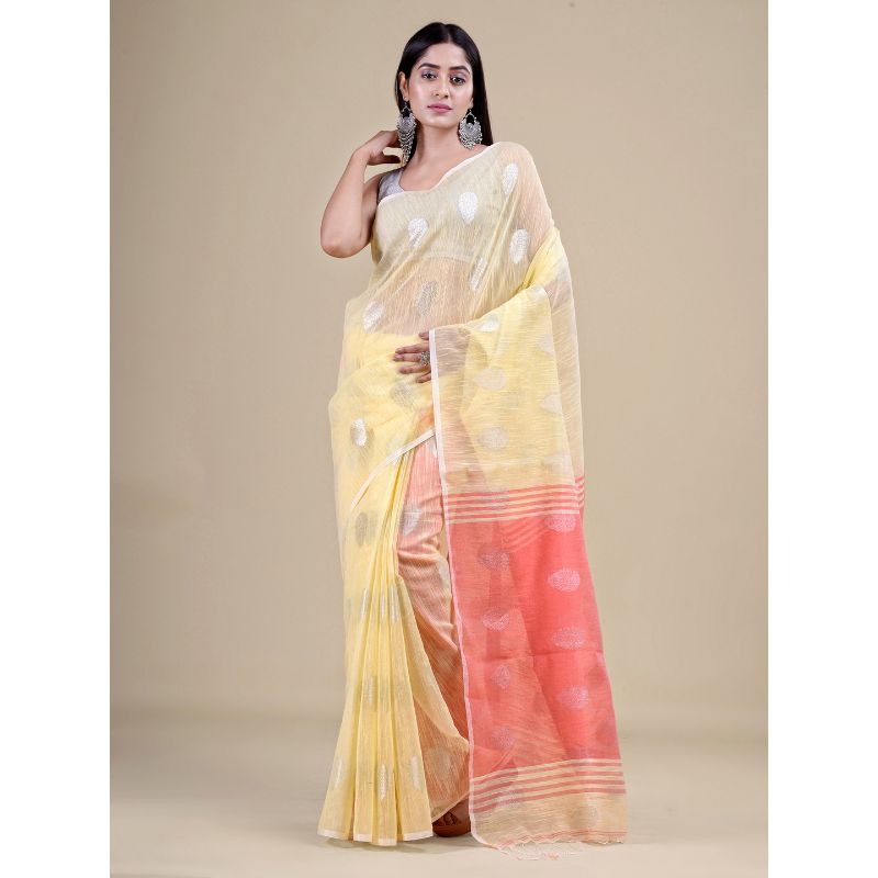 Laa Calcutta Yellow & Peach Traditional Handloom saree with Blouse material