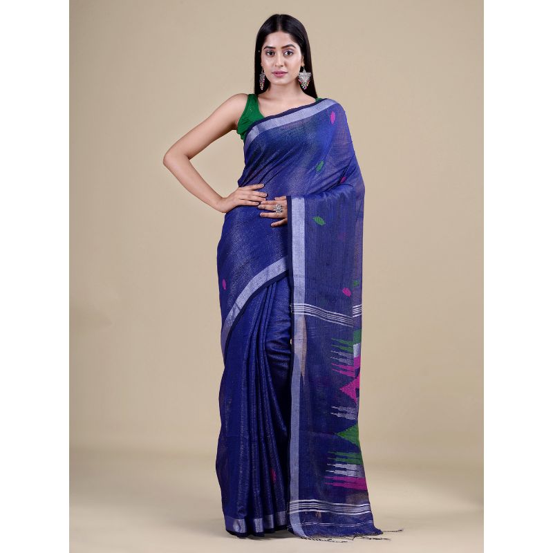 Laa Calcutta Blue & Silver Traditional Bengal Handloom saree with Blouse material