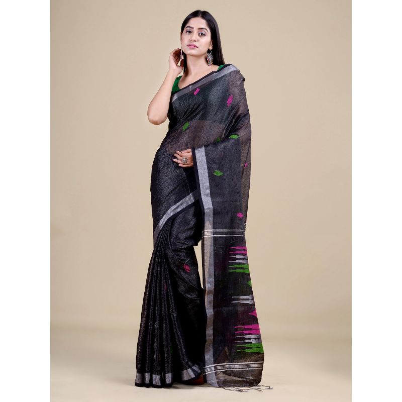 Laa Calcutta Black & Silver Traditional Bengal Handloom saree with Blouse material