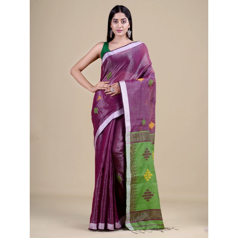 Laa Calcutta Purple & Green Traditional Bengal Handloom saree with Blouse material