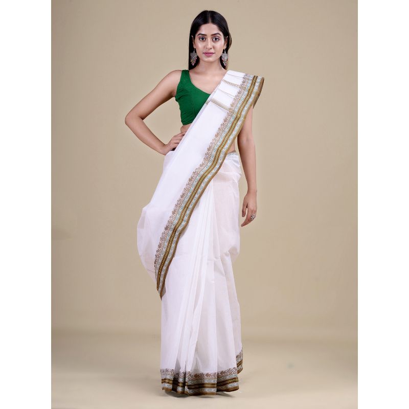 Laa Calcutta White & Green Traditional Tant saree without Blouse material