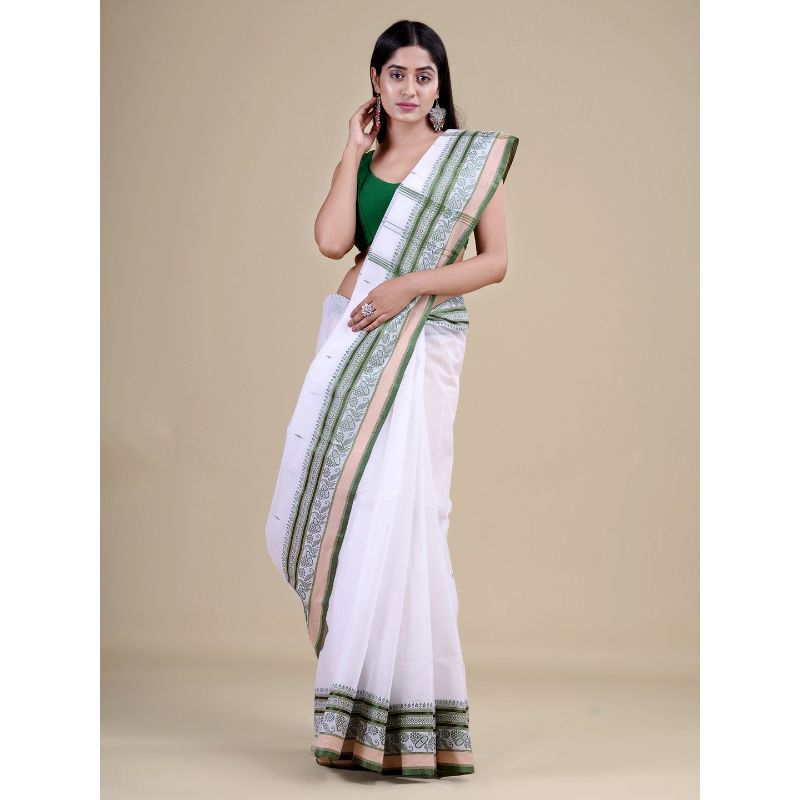Laa Calcutta White & Green Traditional Tant saree without Blouse material
