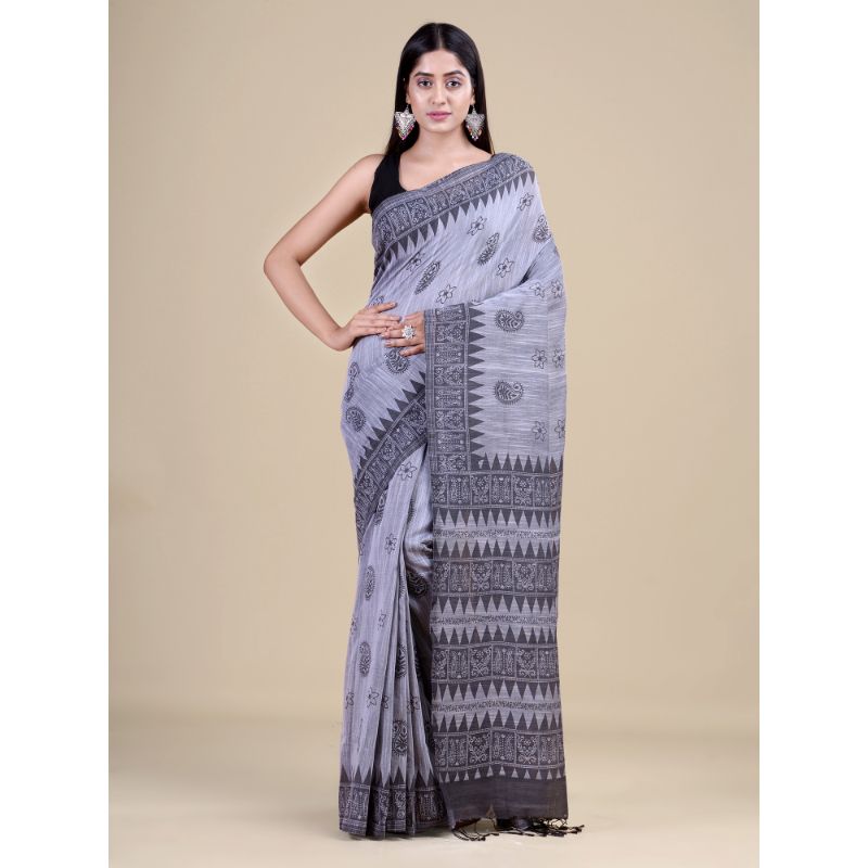 Laa Calcutta Grey & Black Traditional Bengal Handloom saree with Blouse material