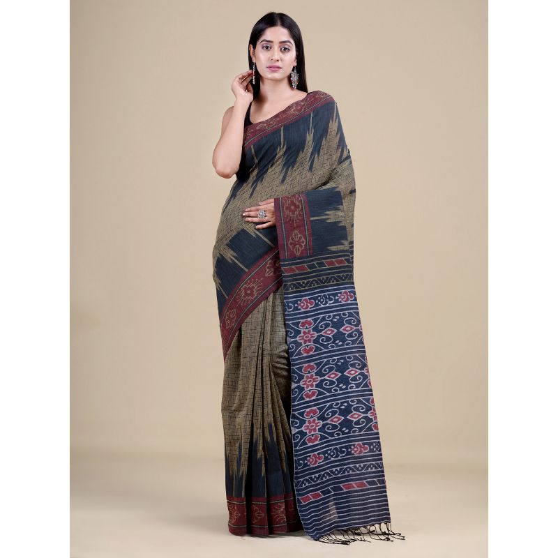 Laa Calcutta Pista Green & GreyTraditional Bengal Handloom saree with Blouse material