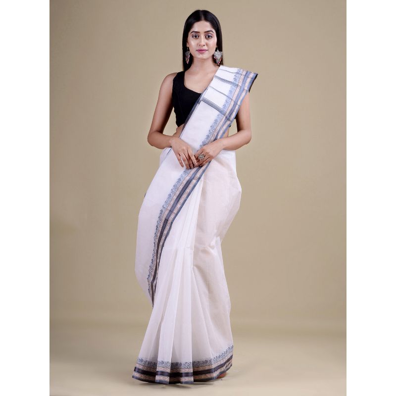 Laa Calcutta White & Grey Traditional Tant saree without Blouse material