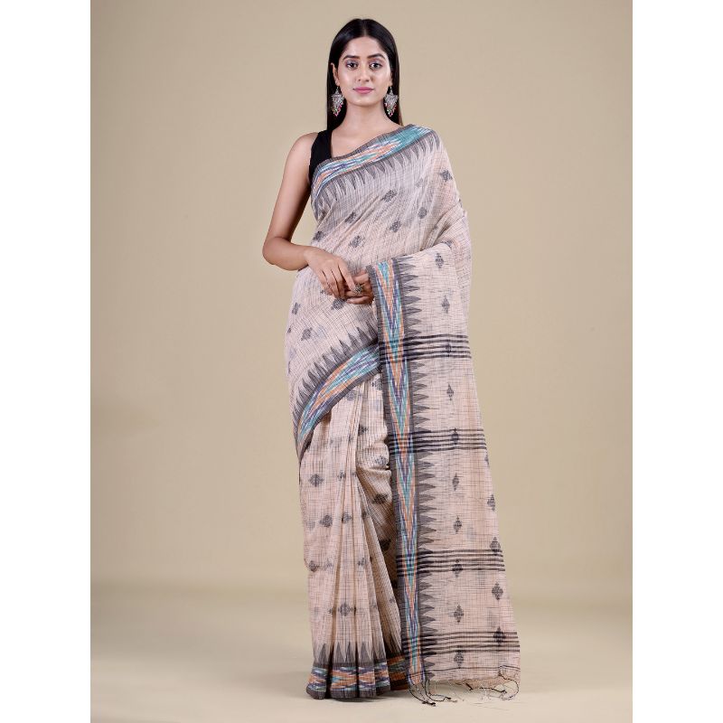 Laa Calcutta Beige & Black Traditional Handloom saree with Blouse material