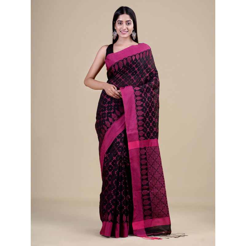 Laa Calcutta Black & Pink Traditional Bengal Handloom saree with Blouse material