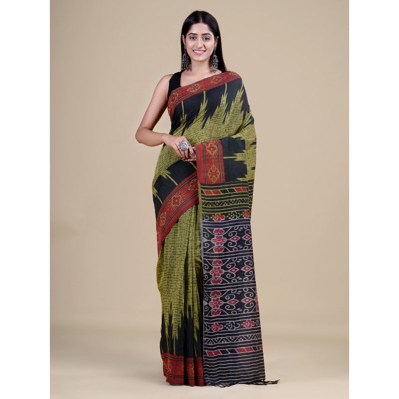 Laa Calcutta Olive Green & Grey Traditional Bengal Handloom saree with Blouse material