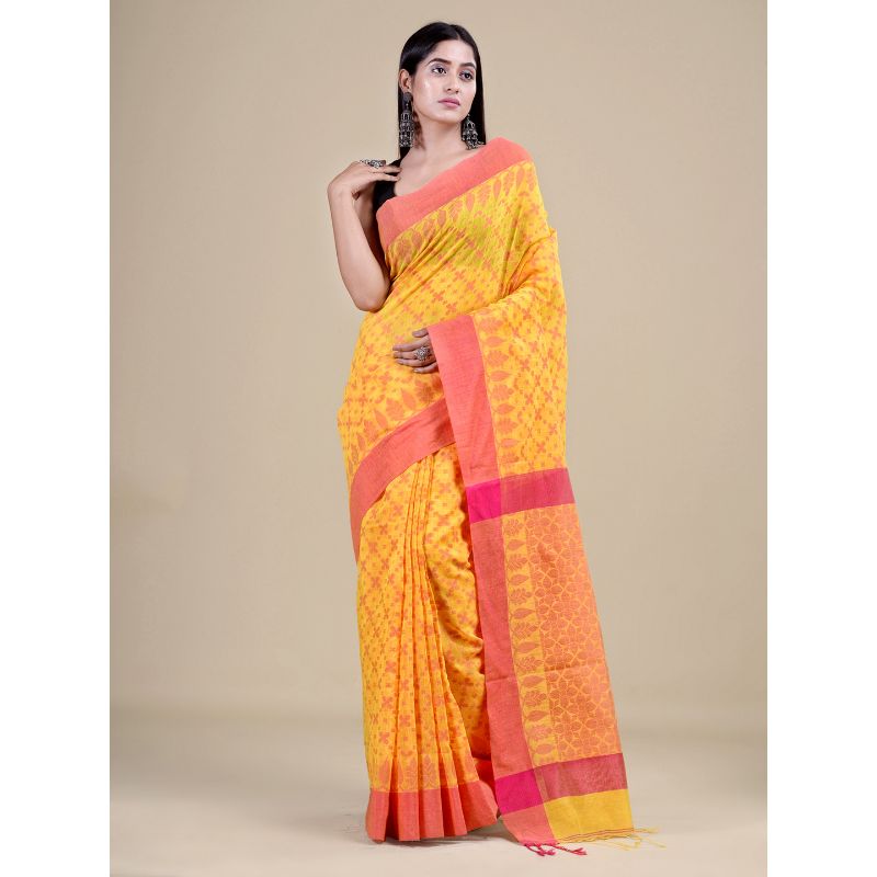 Laa Calcutta Yellow & Pink Traditional Bengal Handloom saree with Blouse material