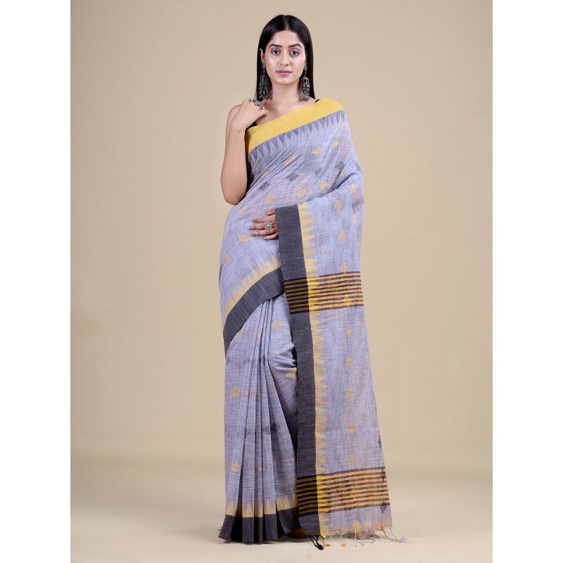 Laa Calcutta Grey & Yellow Traditional Handloom saree with Blouse material