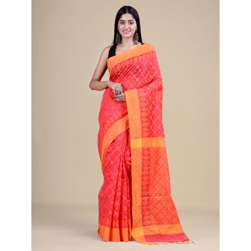 Laa Calcutta Deep Pink & Yellow Traditional Bengal Handloom saree with Blouse material
