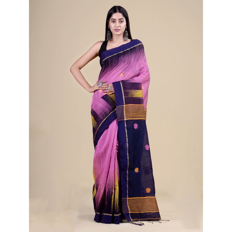 Laa Calcutta Pink & Navy Blue Traditional Bengal Handloom saree with Blouse material
