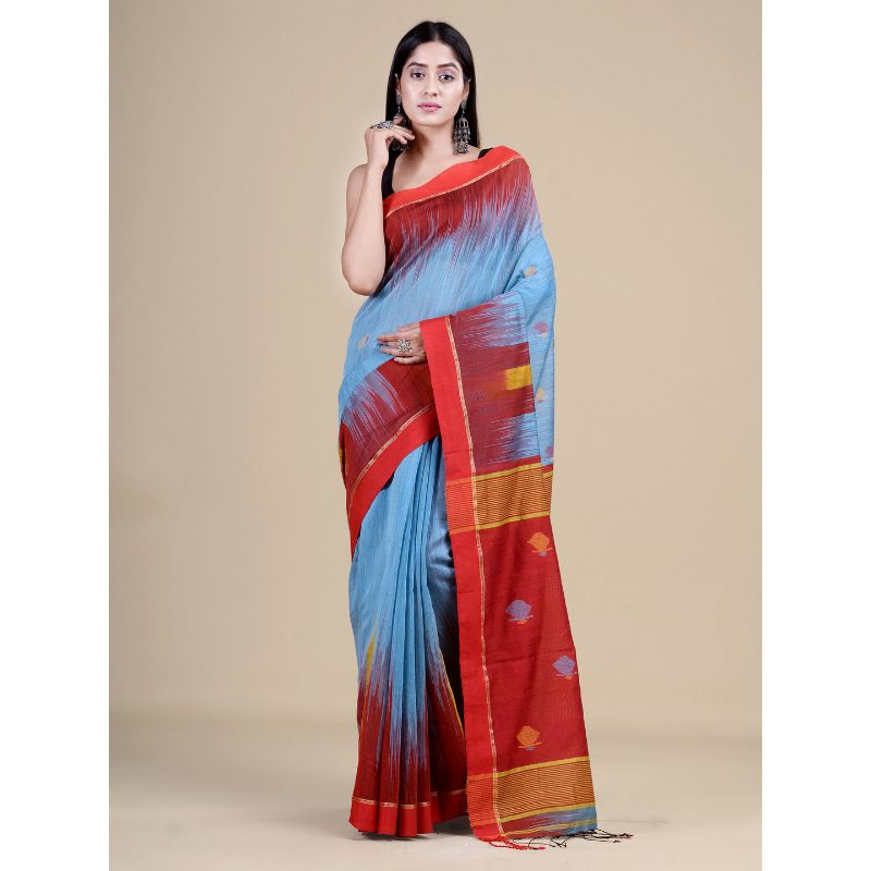 Laa Calcutta Sky Blue & Red Traditional Bengal Handloom saree with Blouse material