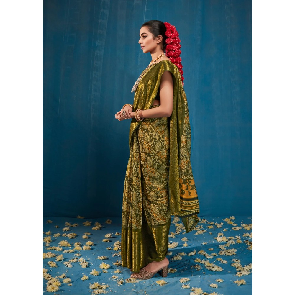 Stylebypanaash OLIVE COLOR SOFT LINEN SAREE FOR TEMPLE WEAR SAREE