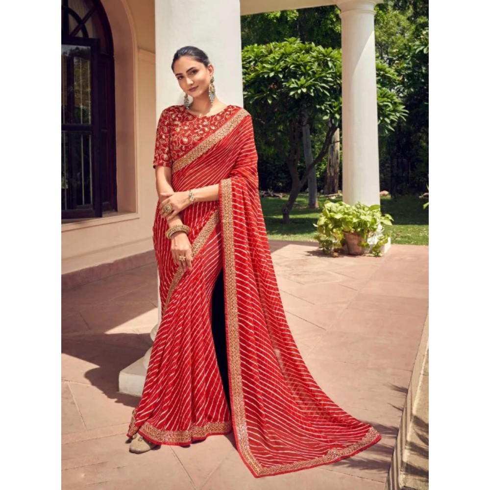 Stylebypanaash Beautiful Red Georgette Saree With Fancy Blouse