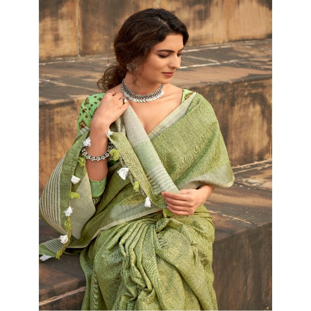 Stylebypanaash LIME GREEN LINEN SILK SAREE WITH FANCY BLOUSE