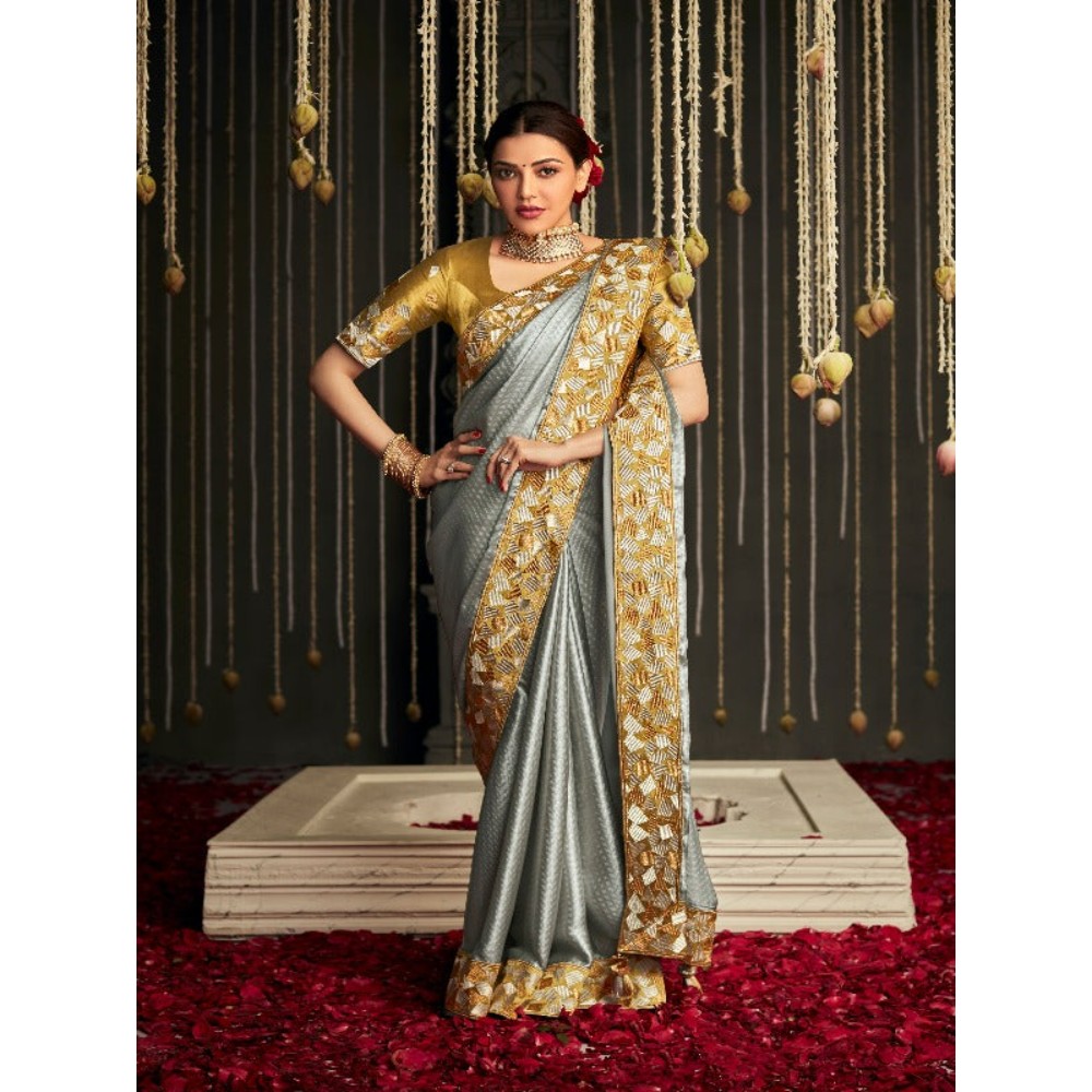Stylebypanaash GREY & GOLDEN COMBINATION SOFT SILK SAREE WITH EMBROIDERY BORDER